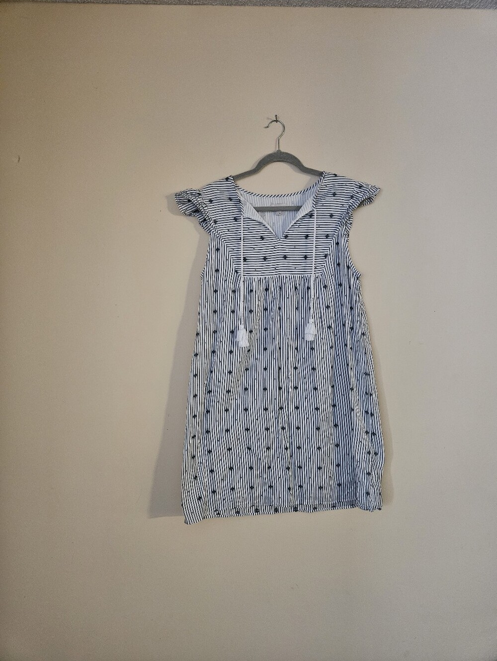 LOFT Blue and White Striped Tassel Sundress, Size Large